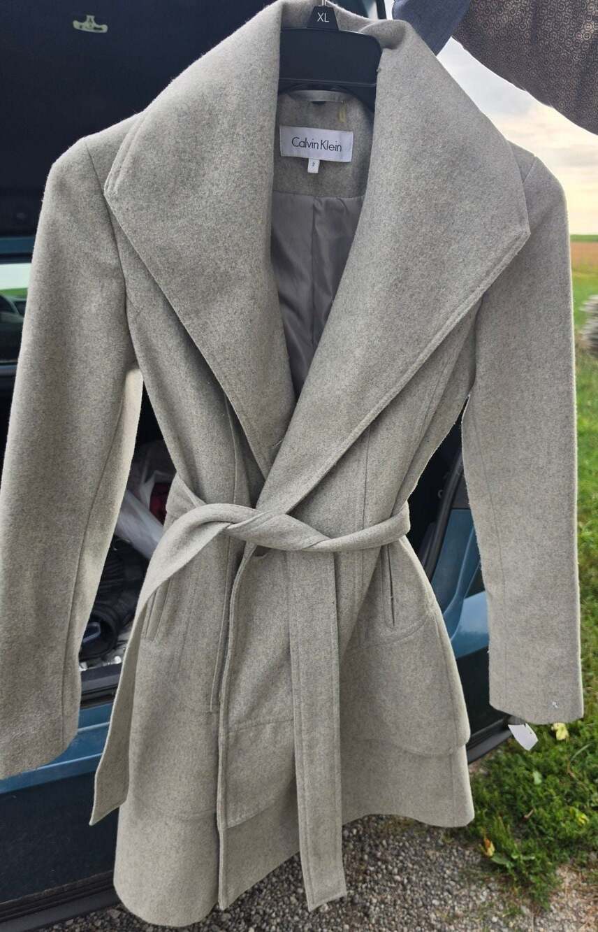 Calvin Klein Gray Wool Blend Belted Trench Coat Jacket Size 2